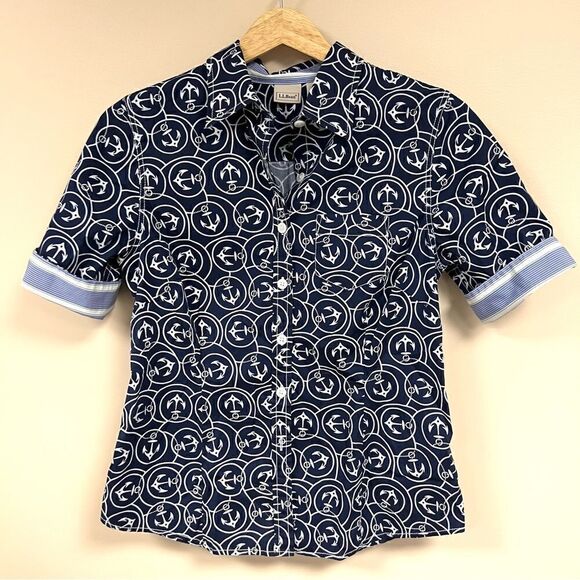 LL Bean nautical print boys short sleeve button down S - Picture 1 of 7